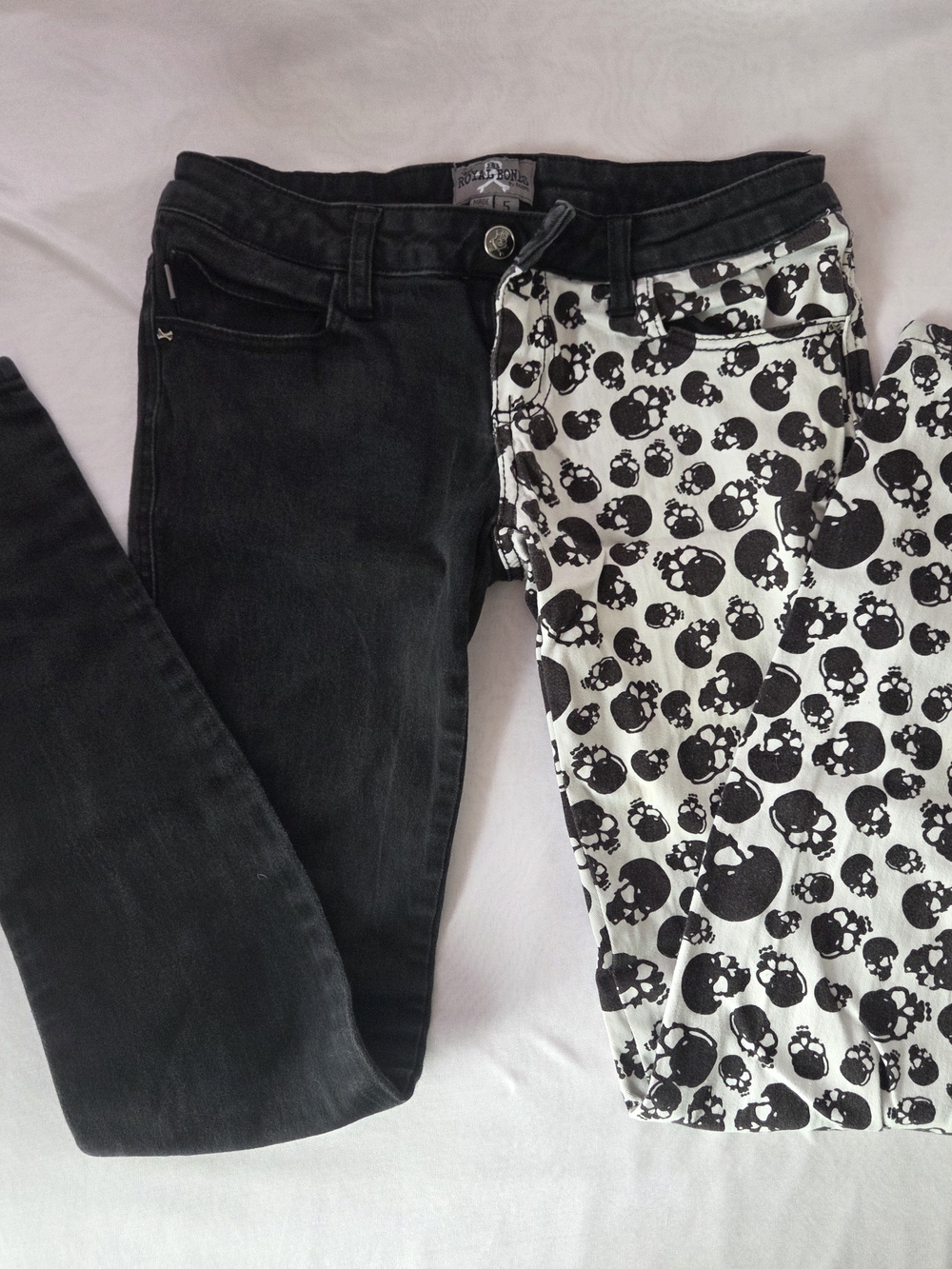Royal Bones Two-Toned Black and White Skull-Print Skinny Jeans